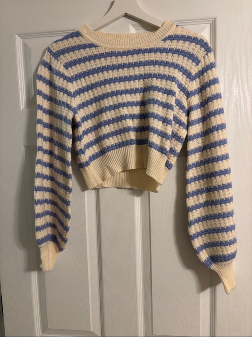 Altar'd State Cream and Blue Striped Cropped Crew Sweater